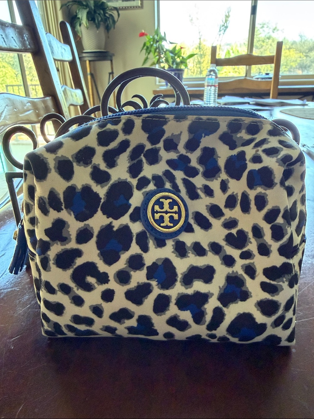 Tory Burch Blue and Cream Leopard Mini Cosmetic Bag